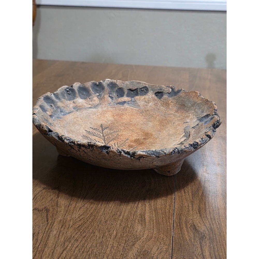 Signed Studio Pottery Fern Leaf Impression Tripod Bowl Primitive Wabi Sabi 10.5"
